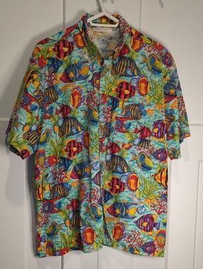 Vintage 1990s Men's Tropical Fish Print Short-Sleeve Shirt - Blue Multi Size XL